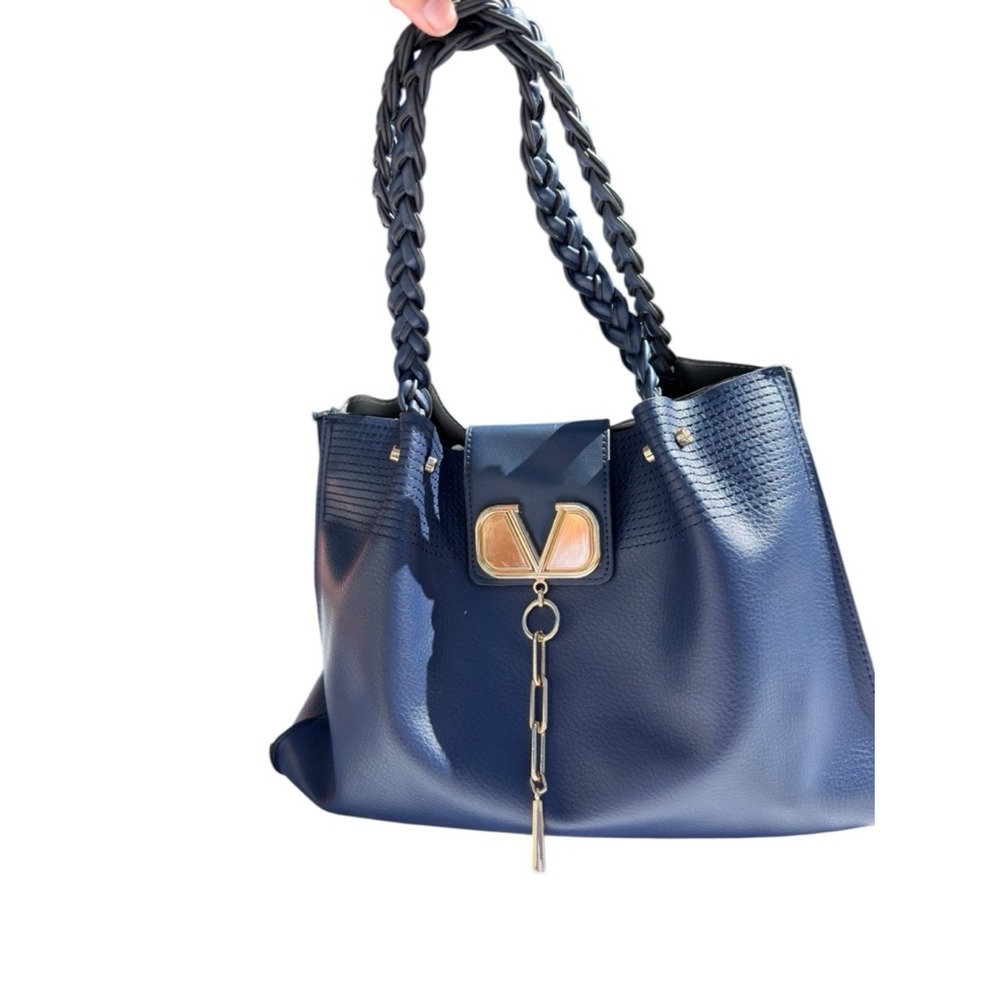 Navy Blue Triple Compartment‎ Tote Bag Classic Elegant Braided Handles Gold Logo
